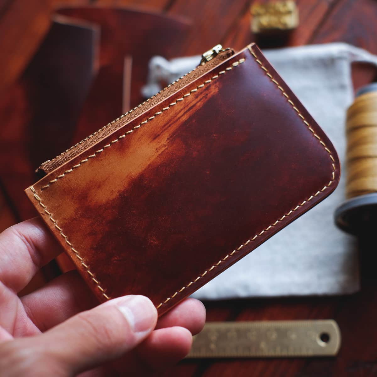 Backside of The Coulter Zipper Wallet in premium Cognac Marbled Shell Cordovan horse leather