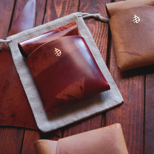 Closeup of The Lodgepole Stitchless Wallet in Red Rothko Shell Cordovan leather