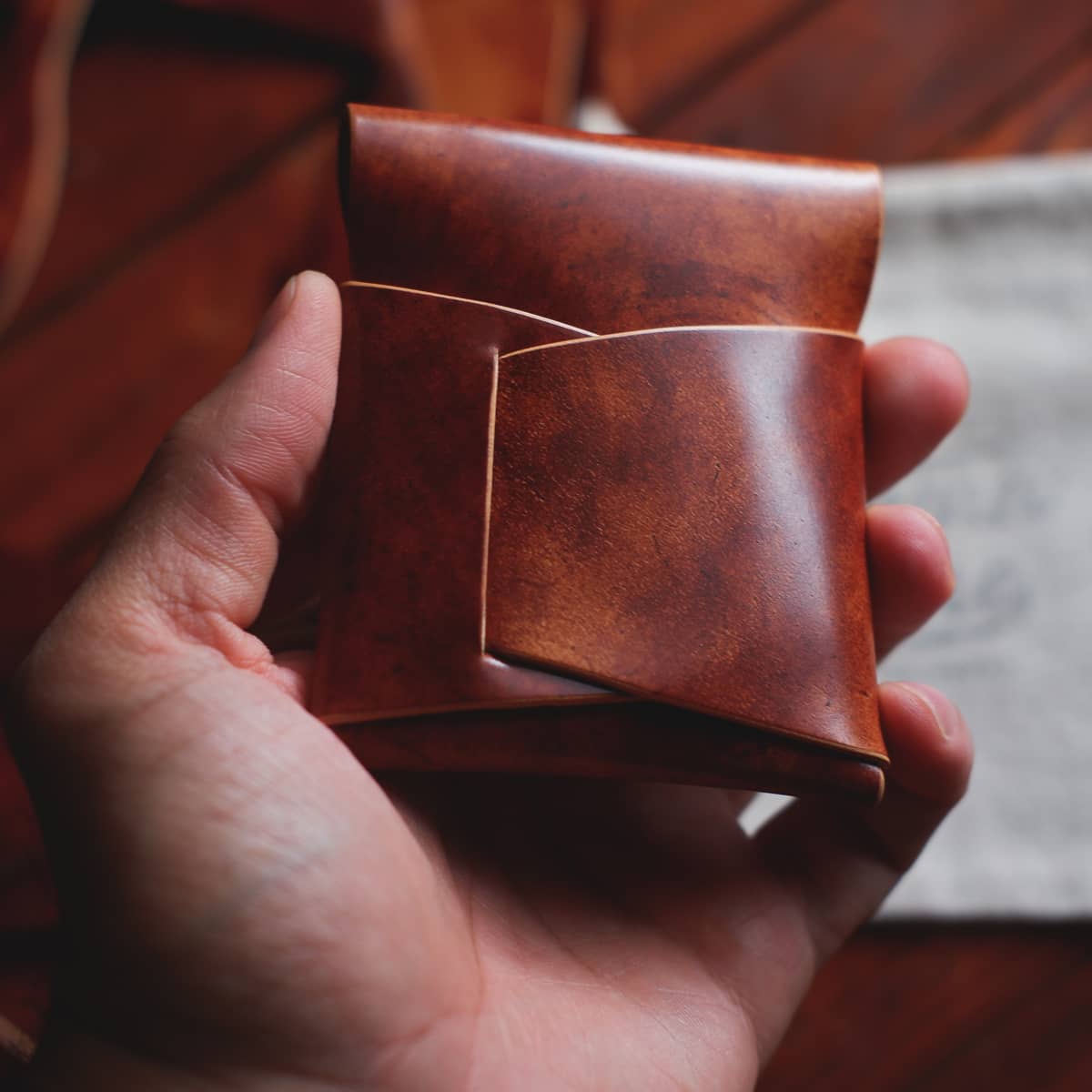 Back side of The Lodgepole Stitchless Wallet in Cognac Marbled Shell Cordovan leather