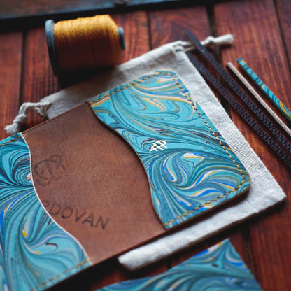 The Monterey Slim Bifold interior in hand dyed marbled full grain vegetable tanned leather