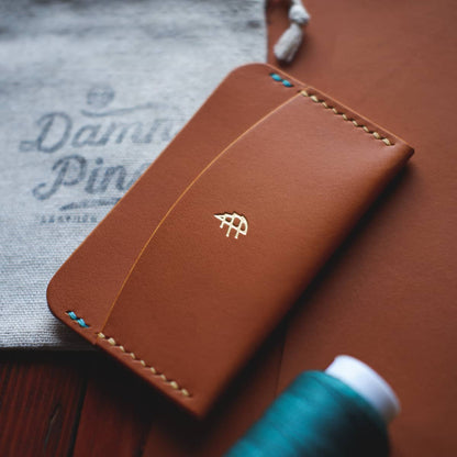 Closeup of The Mountain Card Holder in light brown aniline vegetable tanned leather