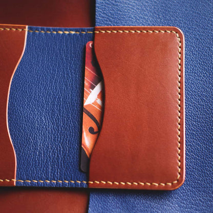 Closeup of The Monterey Slim Bifold interior in blue and brown leather