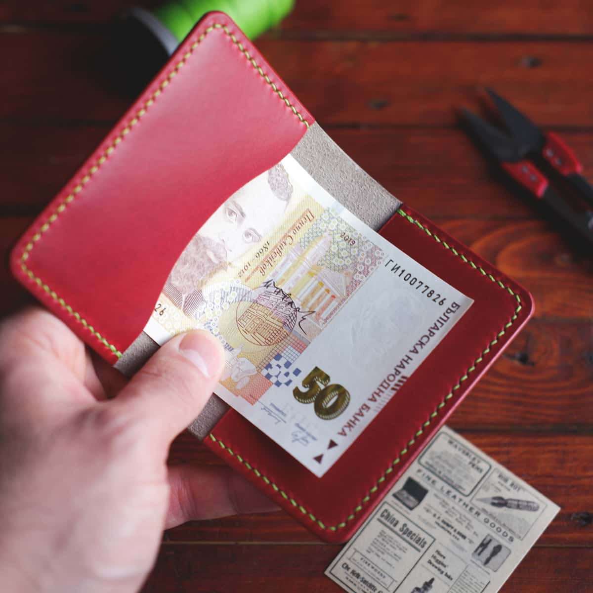 Interior view of the wallet with a banknote