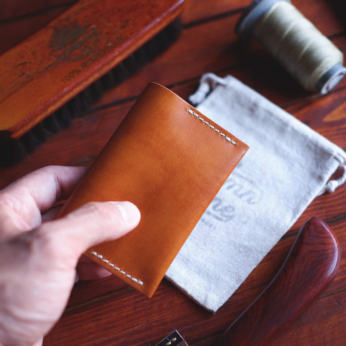 Exterior of The Mountain One Piece Bifold wallet in Italico Whiskey leather
