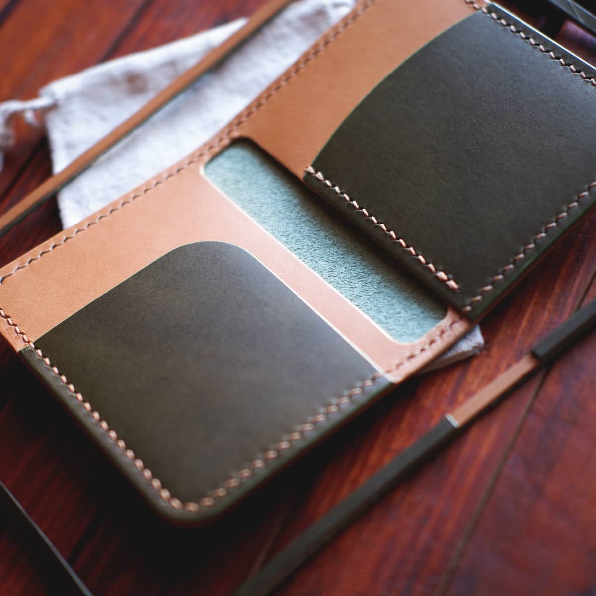 Interior of The Mountain Bifold wallet in Buttero full grain vegetable tanned leather
