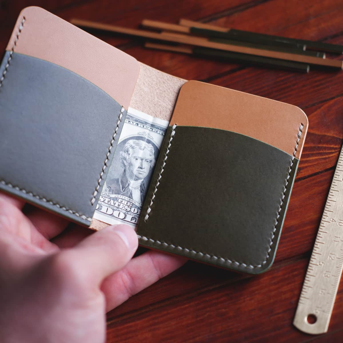 Interior of The Mountain Open Top Bifold wallet in Buttero full grain vegetable tanned leather