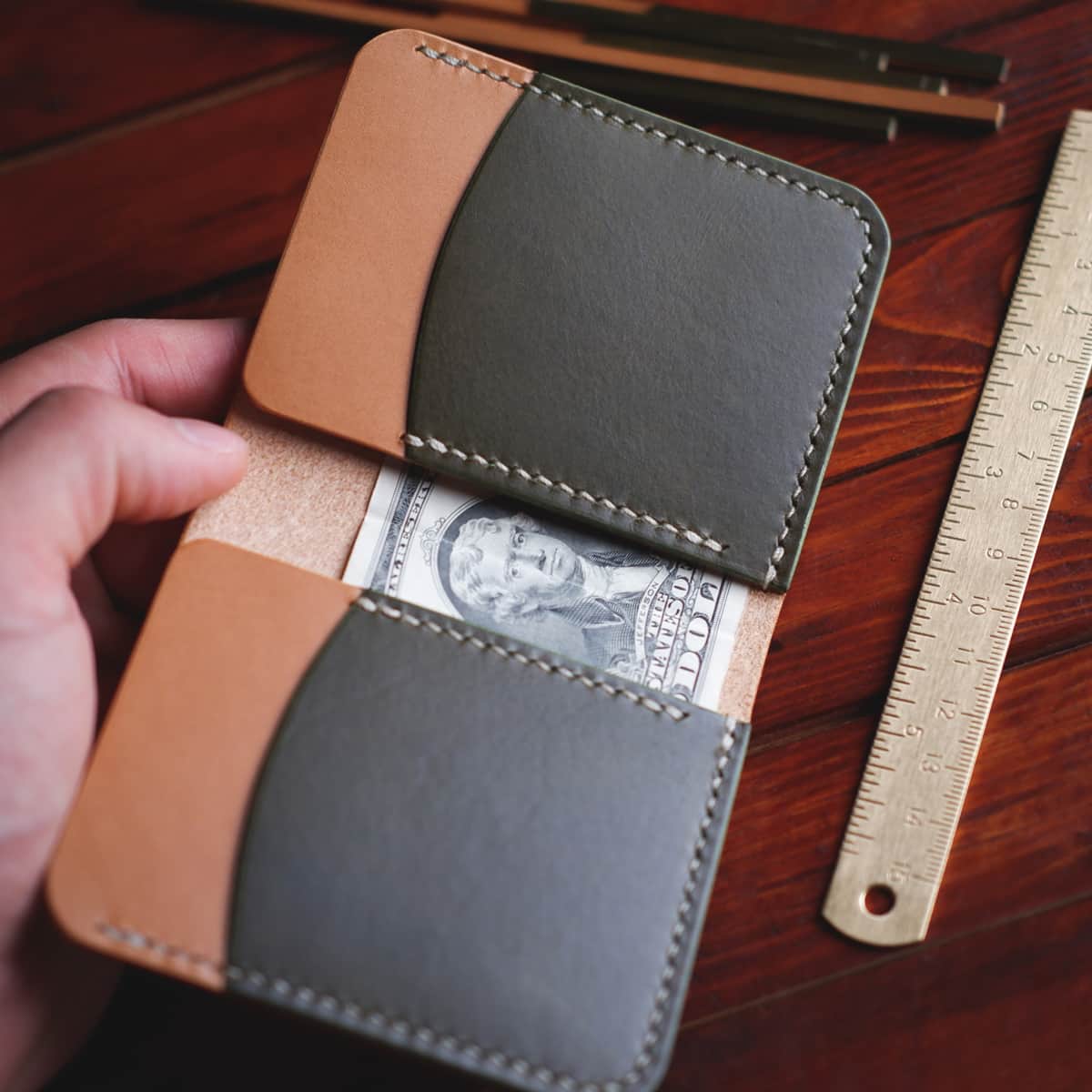 Interior of The Mountain Open Top Bifold wallet in Buttero full grain vegetable tanned leather