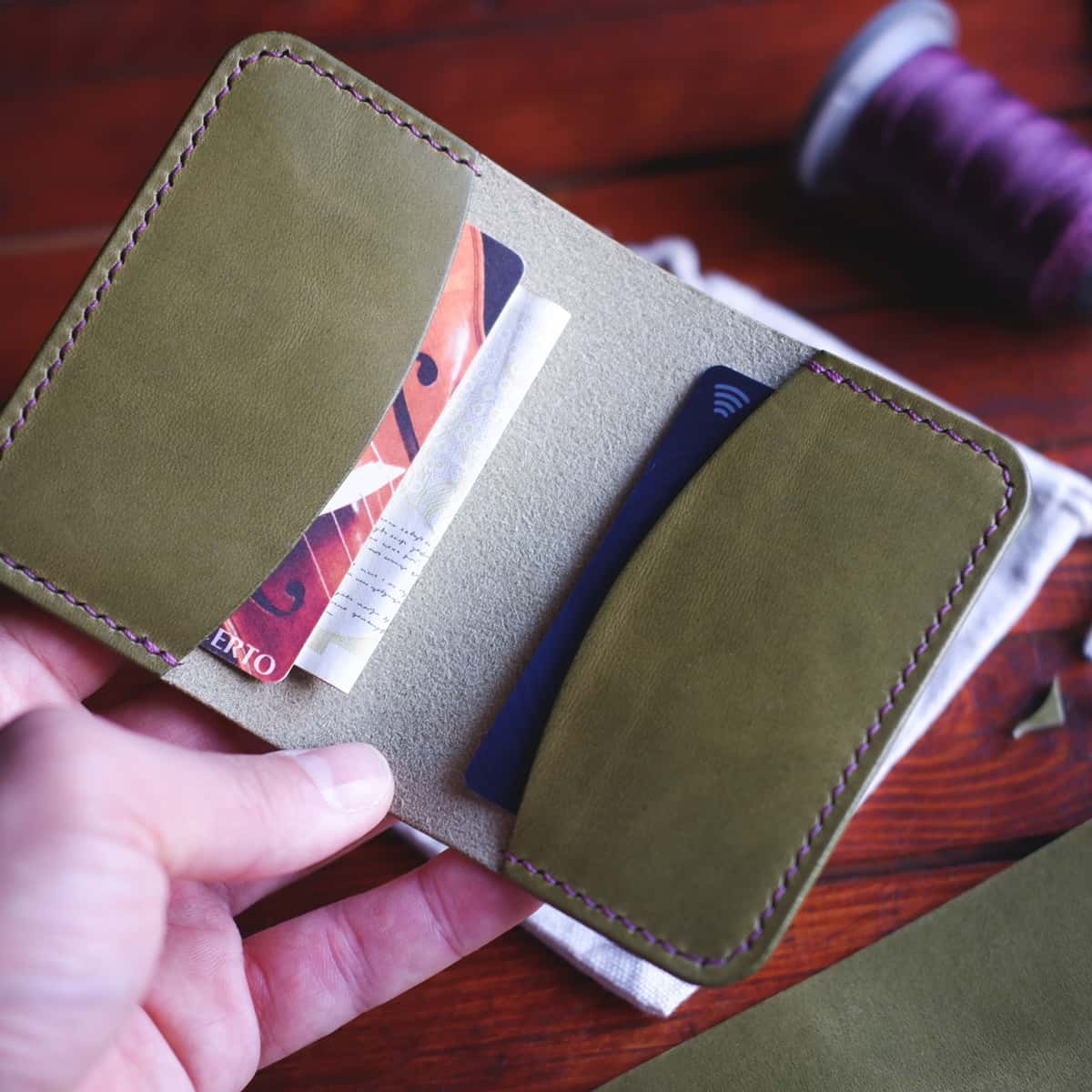 Interior of The Mountain Slim Bifold in Ponte Wax vegetable tanned leather
