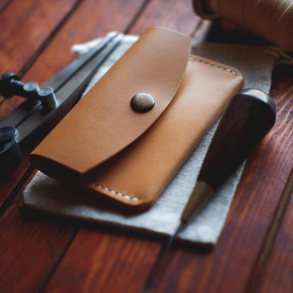 Closeup of The Mountain Snap Wallet in Natural/Biscuit Buttero full grain vegetable tanned leather
