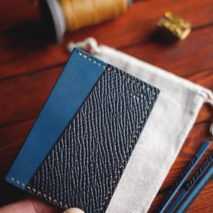 Closeup of The Scots Card Holder in Blue Buttero Hatch and Italico Tirreno vegetable tanned leathers