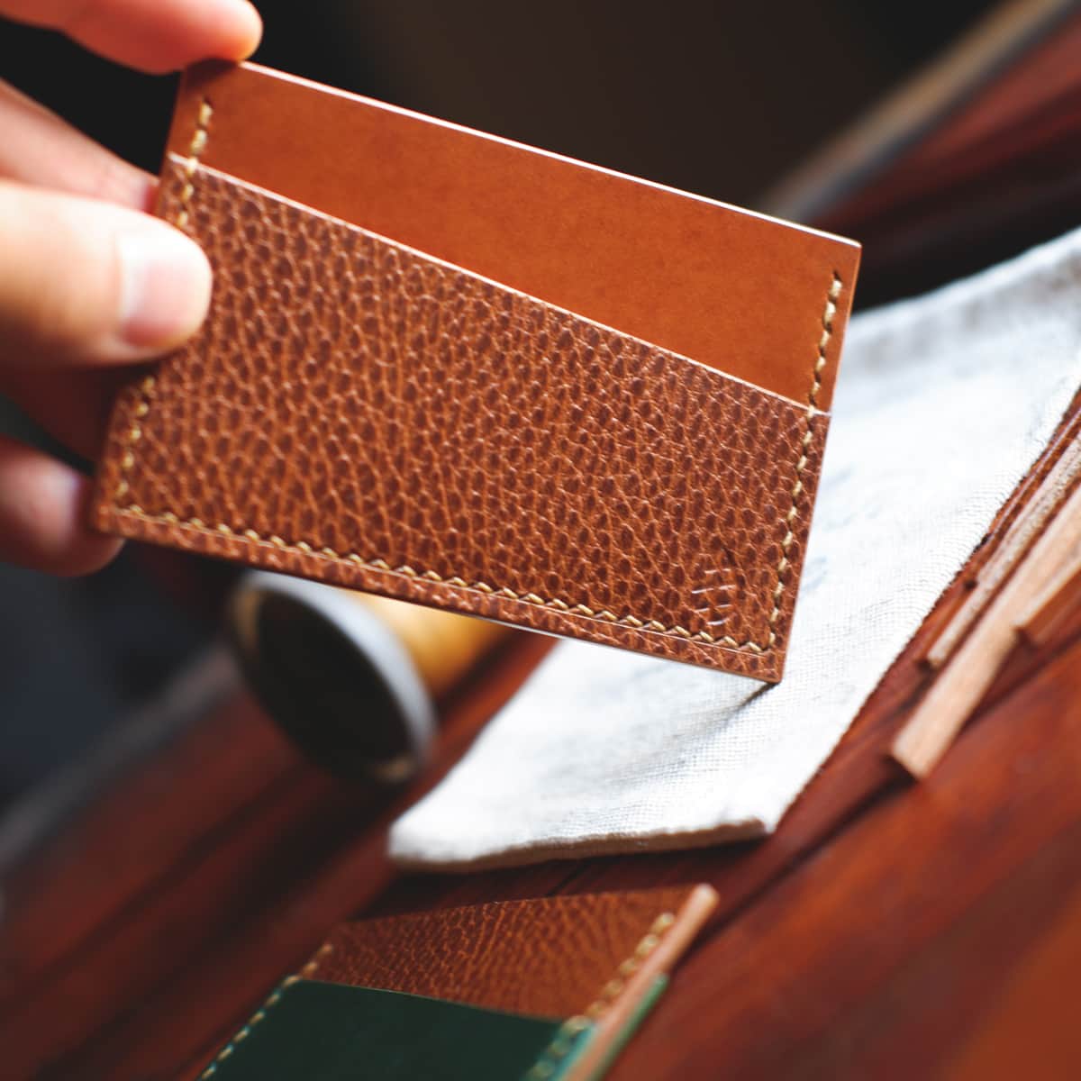 Closeup of The Scots Card Holder in Nevada Tan and Brown Dollaro vegetable tanned leathers